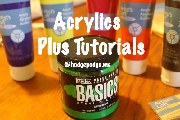Acrylics plus links to tutorials. You can make a small investment at your local craft store and get enough basic, primary colors to mix any other color or hue that your heart desires!