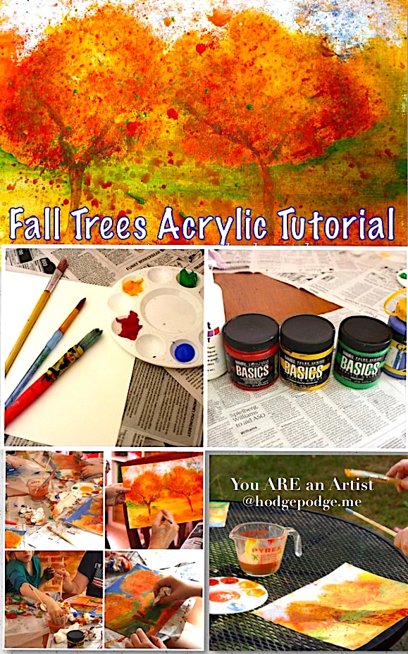 Enjoy this beautiful Acrylic Fall Trees Tutorial! Paint trees with paper towels, trunks with paint brushes and tap and spatter leaves! You ARE an artist!