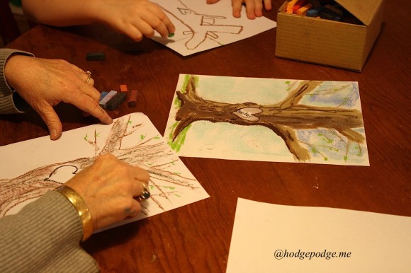 adding spring buds to trees in chalk pastel hodgepodge.me