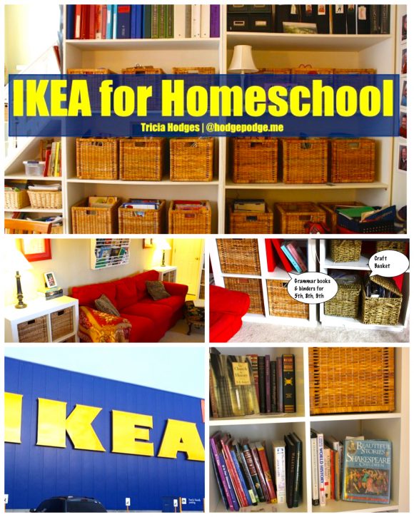 IKEA for homeschool organization - baskets, bookshelves, chalkboards and more. Plus a tour of the Hodgepodge homeschool room and organization for mom!