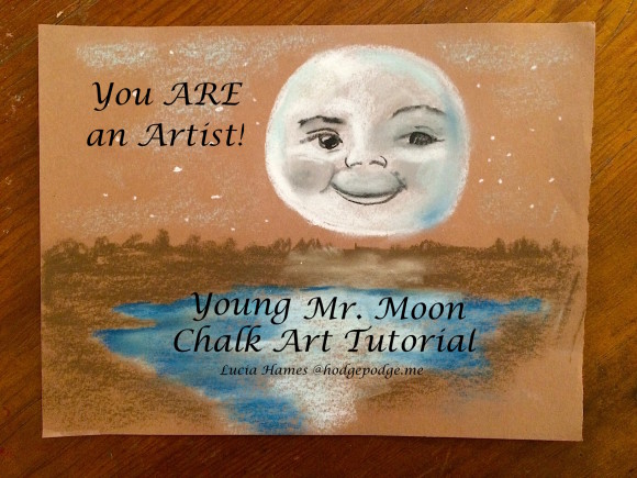 Young Mr. Moon Chalk Art Tutorial for all ages at Hodgepodge. Nana shares a step-by-step art lesson in honor a full moon, super moon or astronomy studies.