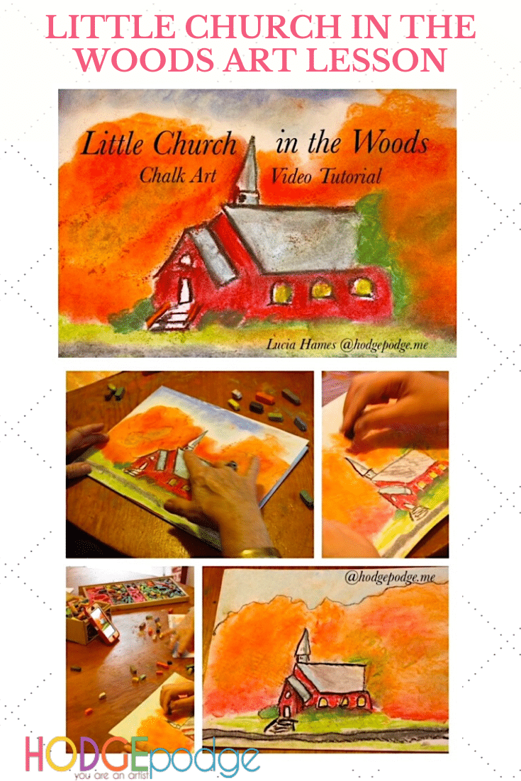 This little church in the woods is surrounded by beautiful trees bursting with October orange. There is a little path or driveway leading up to the church and the sky is brilliant blue. It's a Little Church in the Woods Video Chalk Art Tutorial!